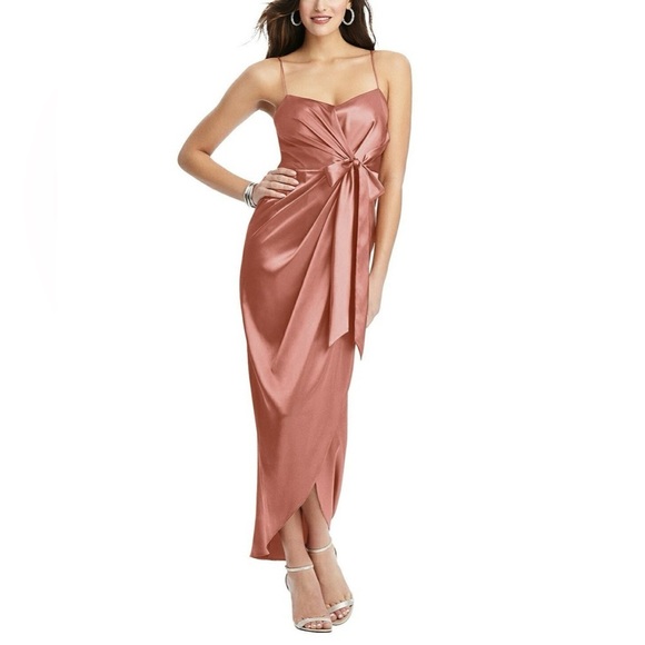 AFTER SIX SATIN FAUX WRAP MIDI DRESS WITH DRAPED TULIP SKIRT Size 8 Desert Rose - Picture 1 of 9